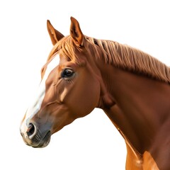 Brown horse head with white marking on forehead isolated on white background