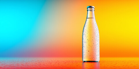 Clear glass bottle filled with water on vibrant gradient background  