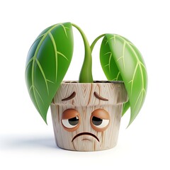 3d cartoon potted plant with sad face on white background
