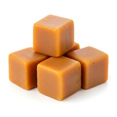 Four caramel candies stacked on top of each other isolated on white background