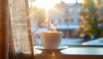 Steaming hot coffee cup rests on windowsill bathed in morning sunlight