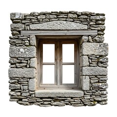 Old rustic stone wall with wooden window isolated on white background