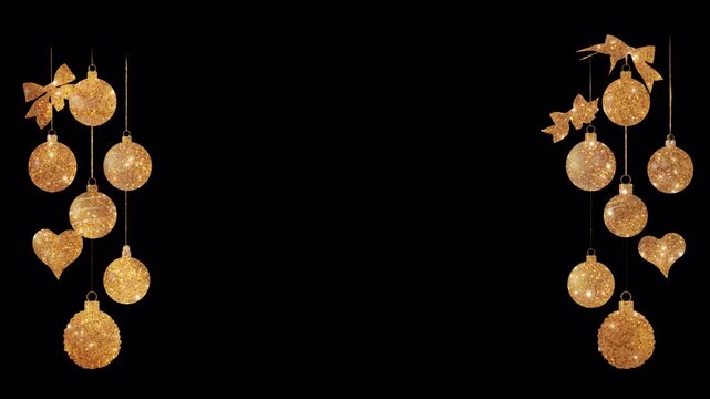 Animated video of elegant golden glitter Christmas ornaments, baubles, and bows hanging and swinging gently. Festive holiday decoration overlay with a transparent background for easy use.