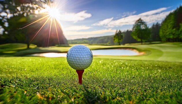 close up of a golf ball on a tee ready for a swing with vibrant green blurred golf course background in bright sunlight