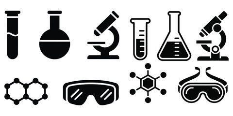 Set of medical and laboratory science icons with chemistry glassware vector illustration