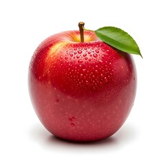 Fresh red apple with green leaf and water droplets isolated on white background