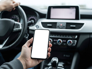 A businessman driving a modern automobile holds a mobile phone while using GPS navigation on the dashboard to travel safely on the road