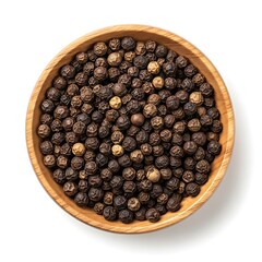 A wooden bowl filled with black and white peppercorns on white background