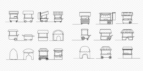 Continuous line art drawing of various street food stalls and market booths, simple vector illustration. © Lunara Arts