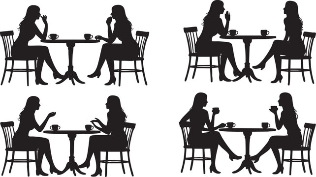 Group of women sitting at table drinking coffee and talking Vector, illustration