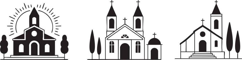 Collection of church buildings with crosses and trees Vector, illustration