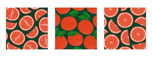 Set of square-shaped botanical backgrounds featuring various whole grapefruits, halves, and slices. Ideal for summer sales, organic product ads, juice packaging, kitchen posters, or other designs.