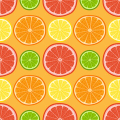 Minimalist seamless pattern featuring citrus fruit slices. Bright citrus background ideal for organic packaging, textile prints, wrapping paper, kitchen decor, healthy food branding, and web design.