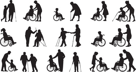 People assisting individuals with disabilities in various situations Vector, illustration