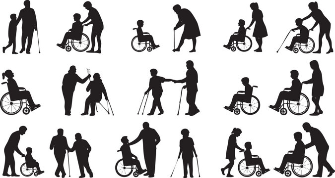 People assisting individuals with disabilities in various situations Vector, illustration