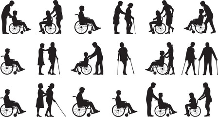 People assisting disabled individuals in wheelchairs and with crutches Vector, illustration