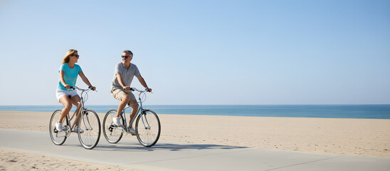 Couple cycling together on beachside path under clear blue sky  
