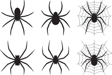 Collection of black widow spiders and webs in various poses Vector, illustration