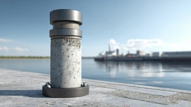 Close medium shot of hybrid bollard with combined concrete core and steel casing illustrating modern mooring post strength