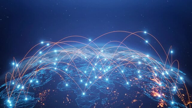 global connection line, Data transfer through over networking, network globalization, Internet Connectivity, Big Data, Information technology, Digital World Background Animation.