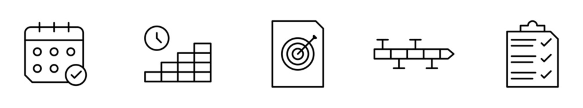 Pack de iconos de planificaci&oacute;n. Calendario aprobado, construcci&oacute;n con tiempo, objetivo en documento, l&iacute;nea de tiempo y lista de tareas. Dise&ntilde;o vectorial lineal