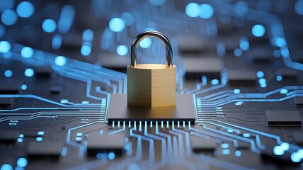 Cybersecurity Concept with Golden Padlock on Microchip Circuit Board