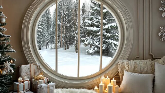 Enjoy the serene atmosphere of a winter scene seen through a stylish round window with a decorated interior