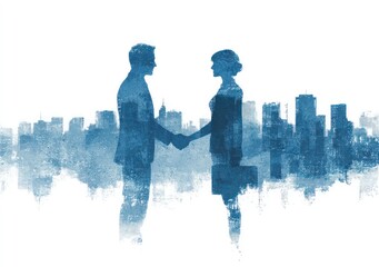 A man and a woman shake hands in front of a city skyline