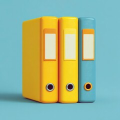Three yellow and blue binders stacked on top of each other