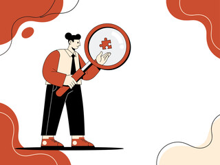 A professional man examines a jigsaw puzzle with a magnifying glass, symbolizing problem-solving. Modern illustration with a red and white color scheme.