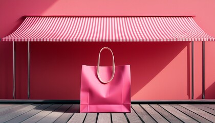 pink striped awning over a bright pink shopping bag on a platform minimalist design