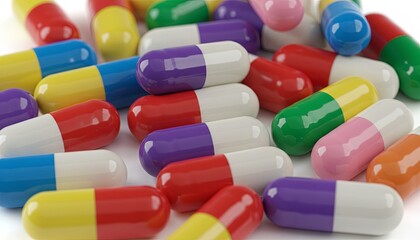 Glossy multicolor capsules piled together on bright sterile background