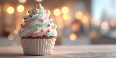 Colorful cupcake topped with swirled frosting on wooden table  