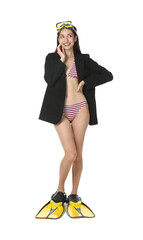 Businesswoman with diving mask and flippers on white background © New Africa