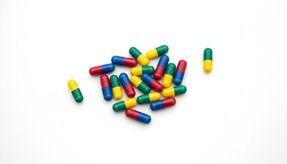 Scattered multicolored capsules isolated on white background with copy space concept of daily medication and treatment