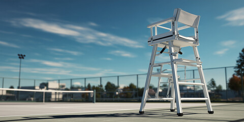 Tennis umpire chair on court with blue sky in background  