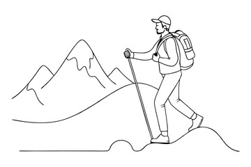 Backpacking Man Hiking Uphill with Walking Sticks Line Art