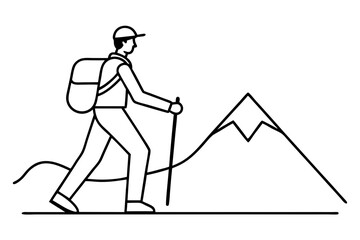 Adventurous Hiker with Trekking Pole and Backpack Climbing Hill