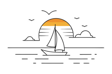Minimalist Sailboat at Sea Sunset Line Drawing