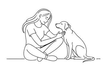 Woman Kneeling and Hugging Pet Dog Drawing