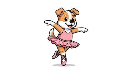 Cute cartoon terrier puppy dog character dancing ballet in pink tutu skirt and pointe shoes isolated on white background, adorable domestic animal ballerina dancer performing gracefully
