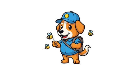 A cute and friendly beagle dog, dressed as a mailman with a blue cap and backpack, happily holds a flower while being playfully surrounded by three small buzzing bees