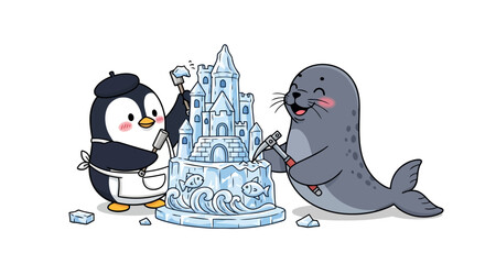 Charming penguin artist and joyful seal sculpting an intricate ice castle with various tools, showcasing collaboration and creative craftsmanship in a winter setting