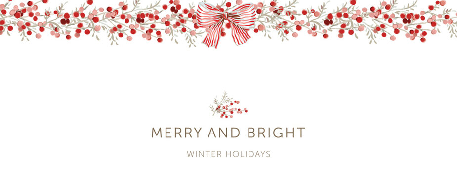 Christmas border, red berries, twigs, striped bow, text, white background. Nature design. Vector illustration. Greeting banner template. Winter xmas season