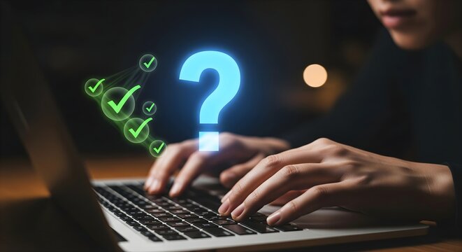 Young business woman works on laptop and has question about successful business development with check marks for business strategy, innovation, and technology in future - Powered by Adobe