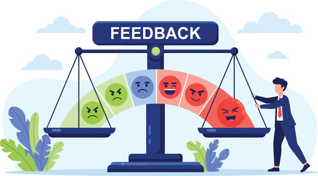 Businessman weighing customer feedback on a scale with emotional faces