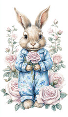 Obraz premium Cute rabbit in blue pajamas holding a rose surrounded by pink flowers in a charming setting