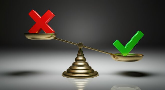 Balance scale with green check mark outweighing red cross on studio background
