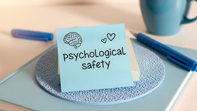 Psychological Safety Message on Blue Sticky Note with Brain Icon and Hearts Positive Workplace Culture and Teamwork Collaboration Feeling Safe to Take Risks