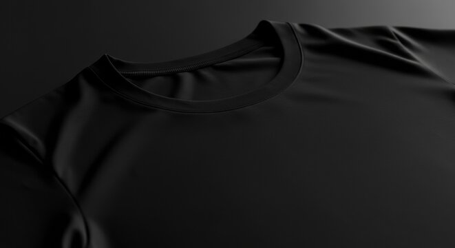 Black t-shirt laid flat on dark background with smooth fabric folds and collar detail